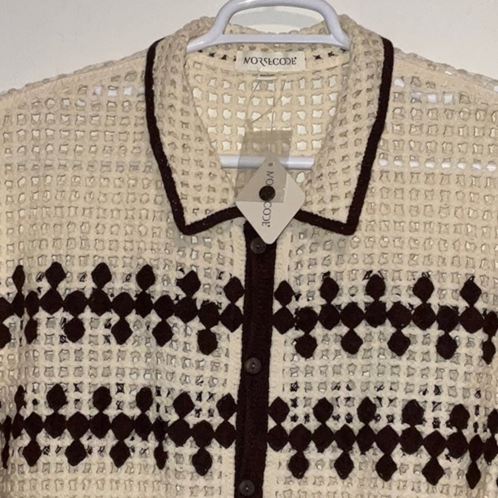 MORSECODE CROCHET OPEN KNIT IVORY BROWN COTTON BLEND BUTTON FRONT SHIRT M NWT